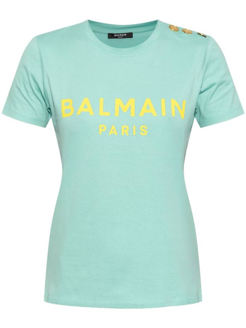 Balmain logo-print button-shoulder T-shirt - Blue von Balmain