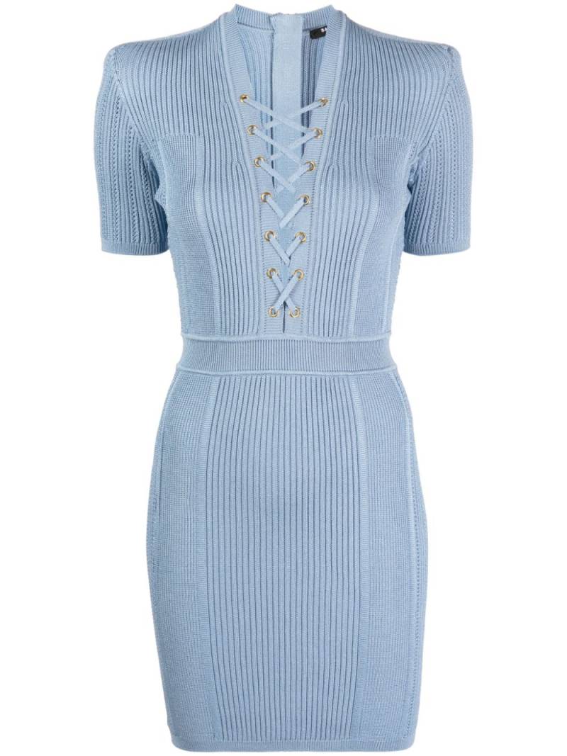 Balmain V-neck lace-up minidress - Blue von Balmain