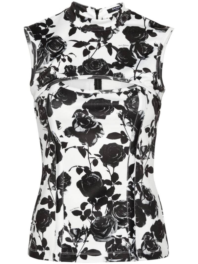 Balmain rose-print cut-out top - White von Balmain