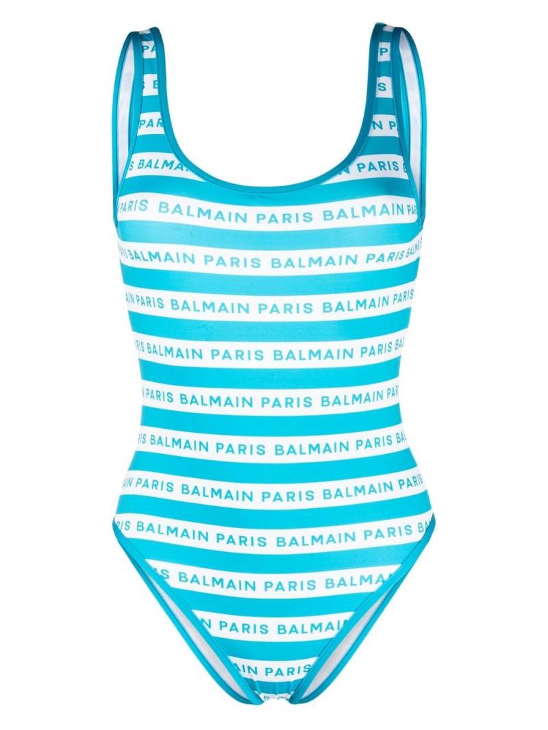 Balmain striped logo-print swimsuit - Blue von Balmain