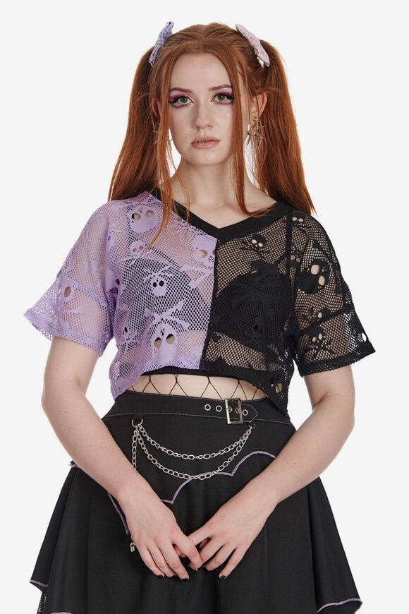 Banned Crop Netz T-Shirt | Black + Lilac | Damen  | XS von Banned