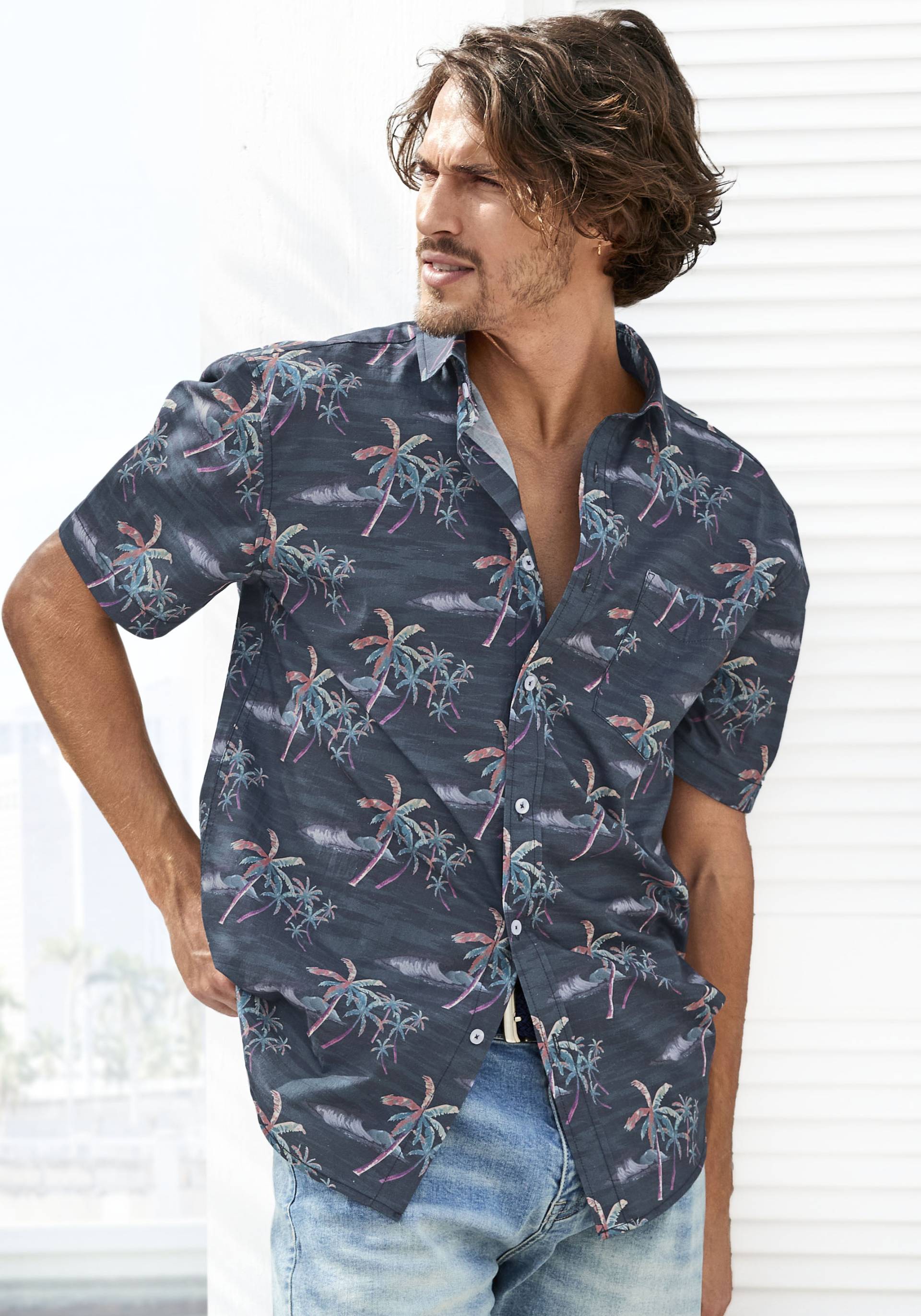 Beachtime Hawaiihemd »Regular fit«, Kurzarm, Freizeithemd mit Palmenprint, reine Baumwolle von Beachtime