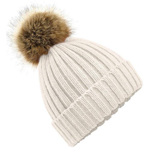 Beechfield - Chunky Beanie Mütze mit KunstfellBommel, für Damen, Beige, One Size von Beechfield