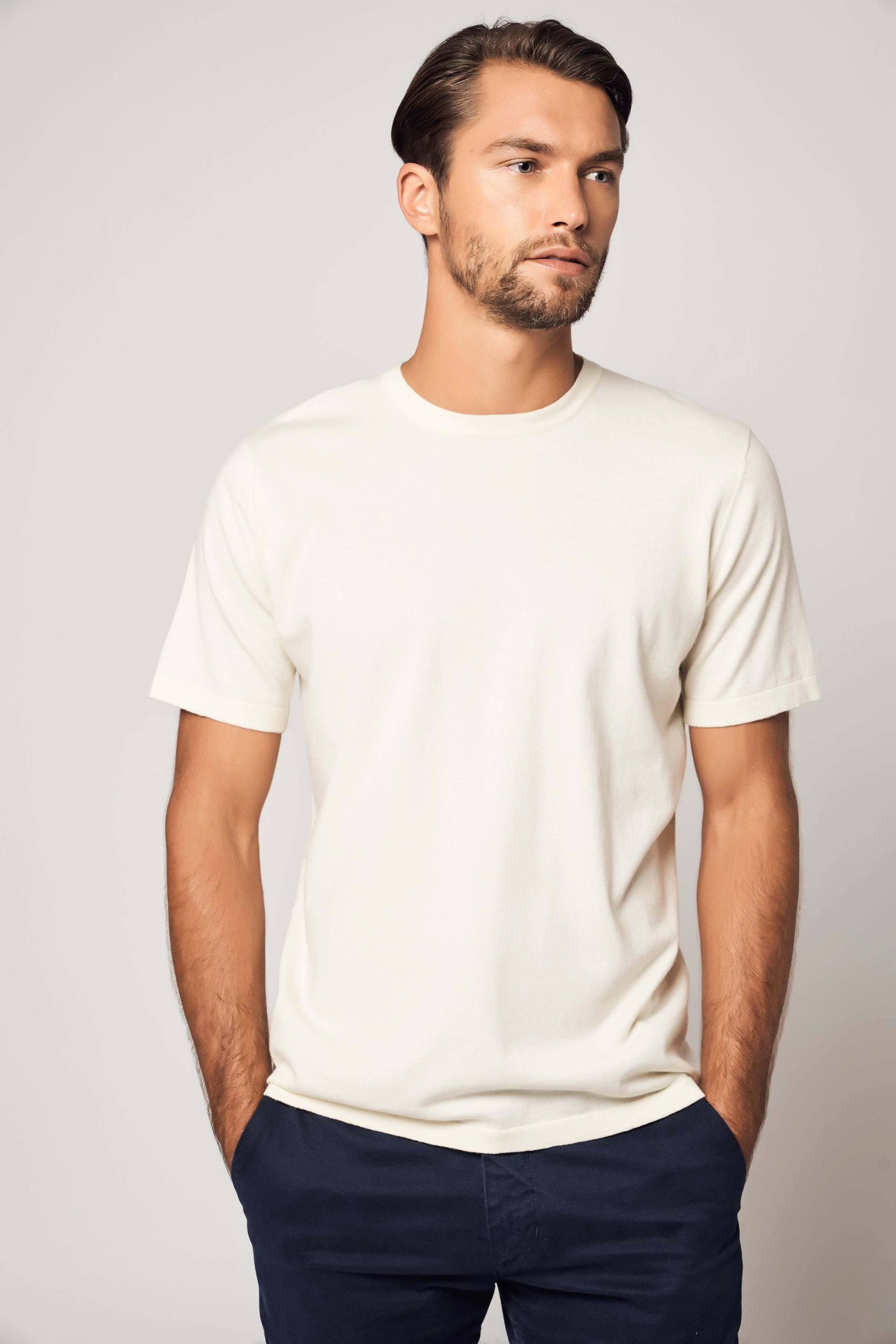 Klassisches Baumwoll-kaschmir-t-shirt Mit Rundhalsausschnitt Herren Offwhite L von Bellemere New York