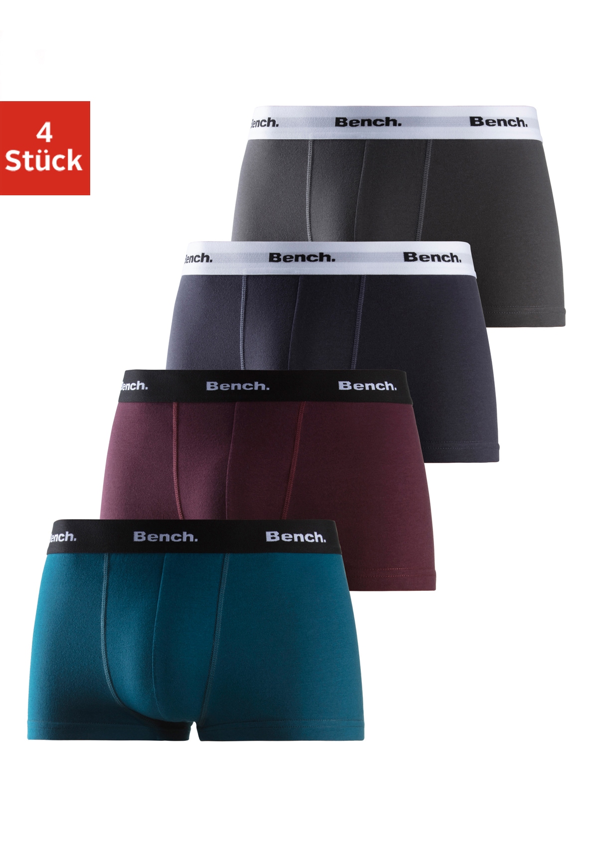 Bench. Boxershorts, (Packung, 4 St.), in Hipster-Form mit kontrastfarbenem Bund von Bench.