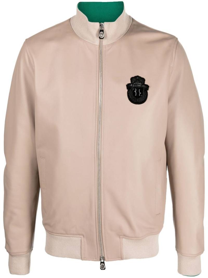 Billionaire logo-patch leather bomber jacket - Neutrals von Billionaire