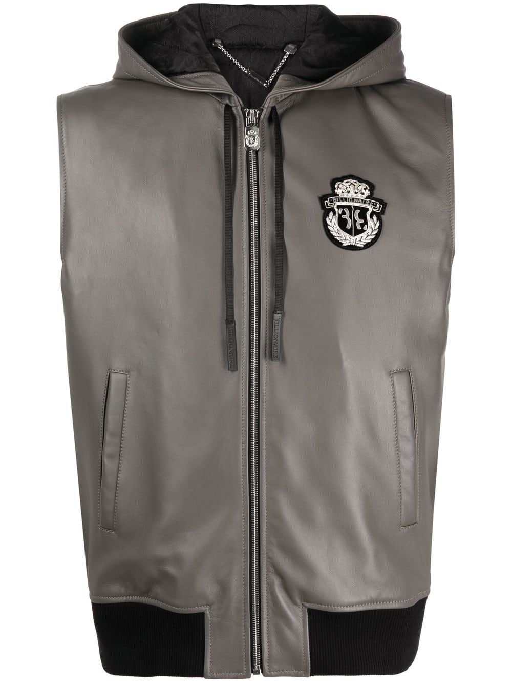 Billionaire sleeveless hooded leather zip vest - Grey von Billionaire