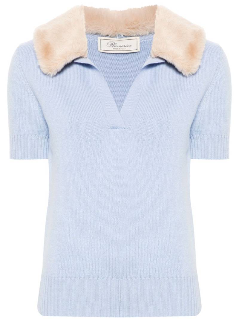 Blumarine faux-fur collar polo top - Blue von Blumarine