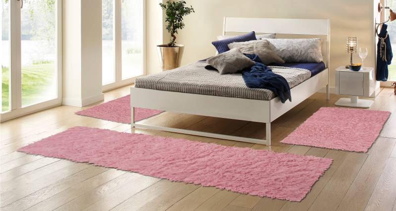 Böing Carpet Bettumrandung »Flokati 1500 g«, (3 tlg.), Bettvorleger, Läufer-Set, Uni-Farben, reine Wolle, handgewebt von Böing Carpet