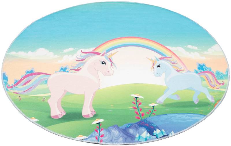 Böing Carpet Kinderteppich »Einhorn«, rund, 4 mm Höhe, bedruckt, Motiv Einhörner & Regenbogen, waschbar, Kinderzimmer von Böing Carpet