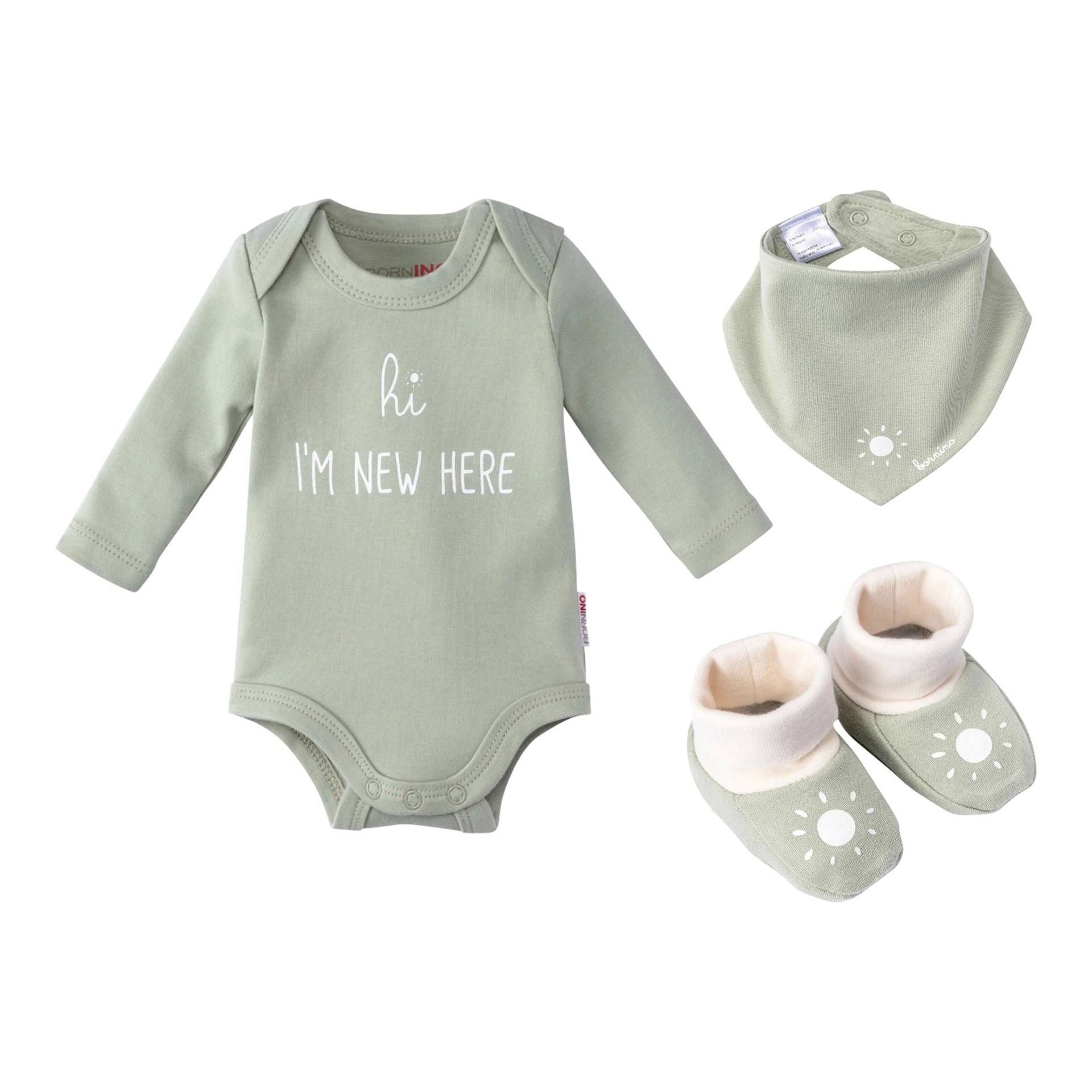 3-tlg. Geschenkset Body langarm, Schühchen und Dreieckstuch 3-tlg. Geschenkset Body langarm, Schühchen und Dreieckstuch von Bornino