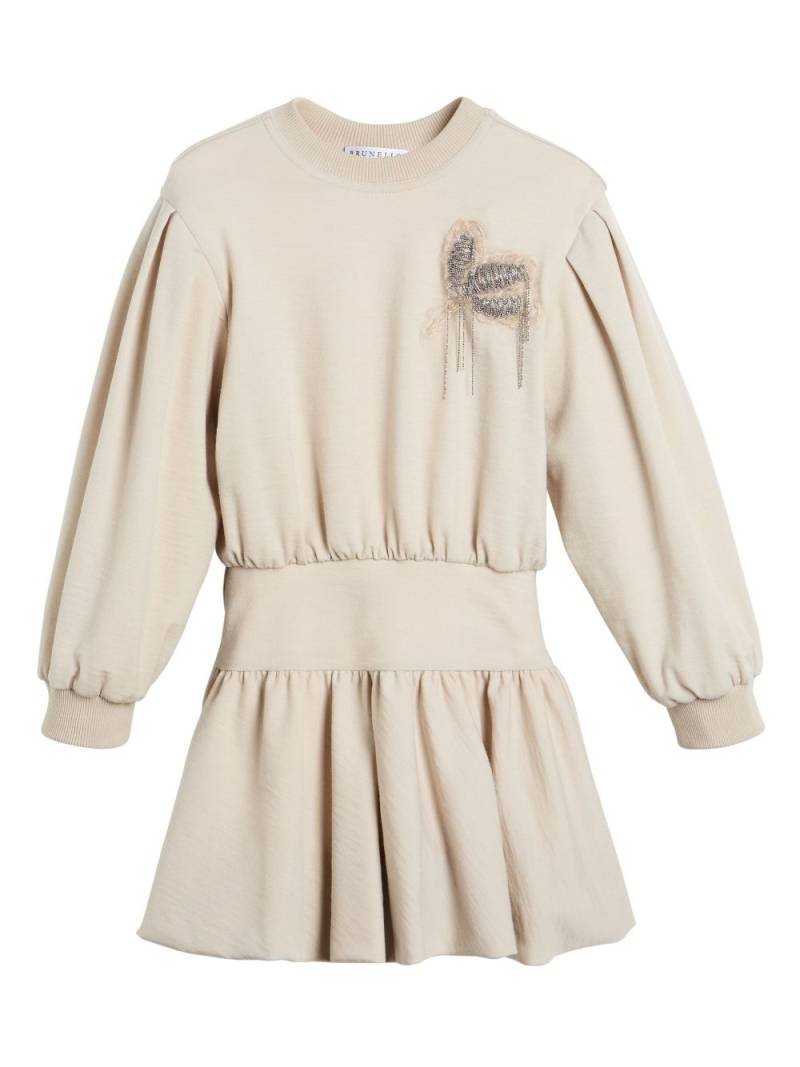 Brunello Cucinelli Kids floral-appliqué wool-blend dress - Neutrals von Brunello Cucinelli Kids