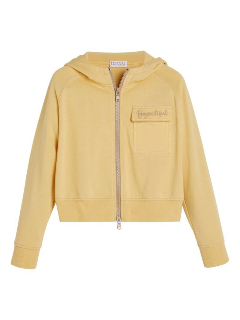 Brunello Cucinelli Kids logo-embroidered cotton hoodie - Yellow von Brunello Cucinelli Kids