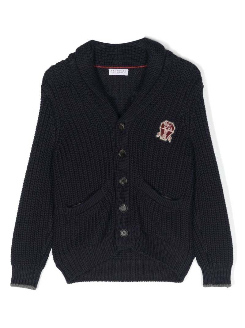 Brunello Cucinelli Kids logo-patch knitted cotton cardigan - Blue von Brunello Cucinelli Kids