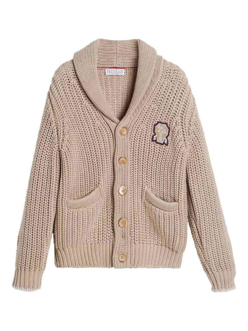 Brunello Cucinelli Kids logo-patch shawl-collar cardigan - Neutrals von Brunello Cucinelli Kids