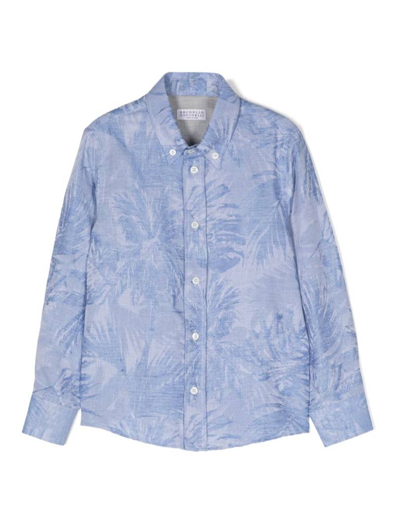 Brunello Cucinelli Kids palm tree-print cotton-linen shirt - Blue von Brunello Cucinelli Kids