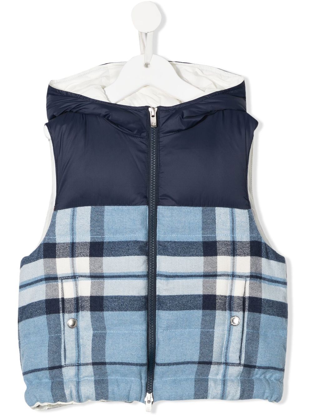 Brunello Cucinelli Kids plaid-check print hooded gilet - Blue von Brunello Cucinelli Kids