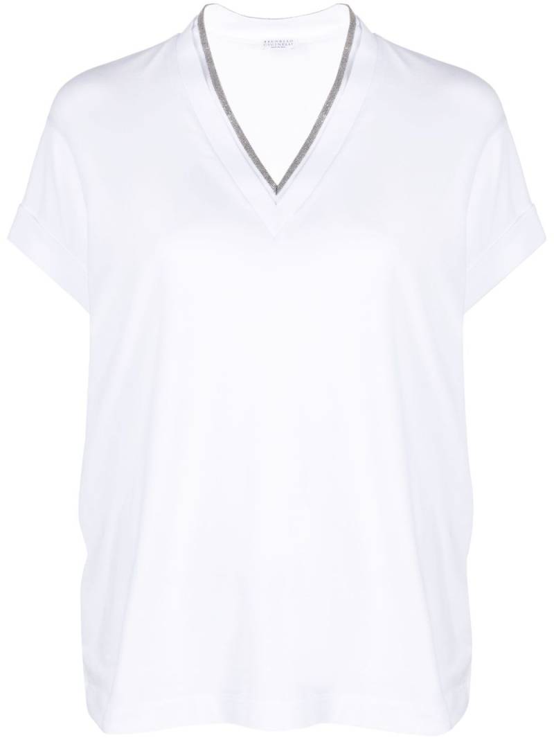 Brunello Cucinelli Monili-trim V-neck T-shirt - White von Brunello Cucinelli