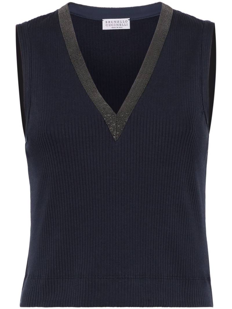 Brunello Cucinelli Monili-trim V-neck tank top - Blue von Brunello Cucinelli