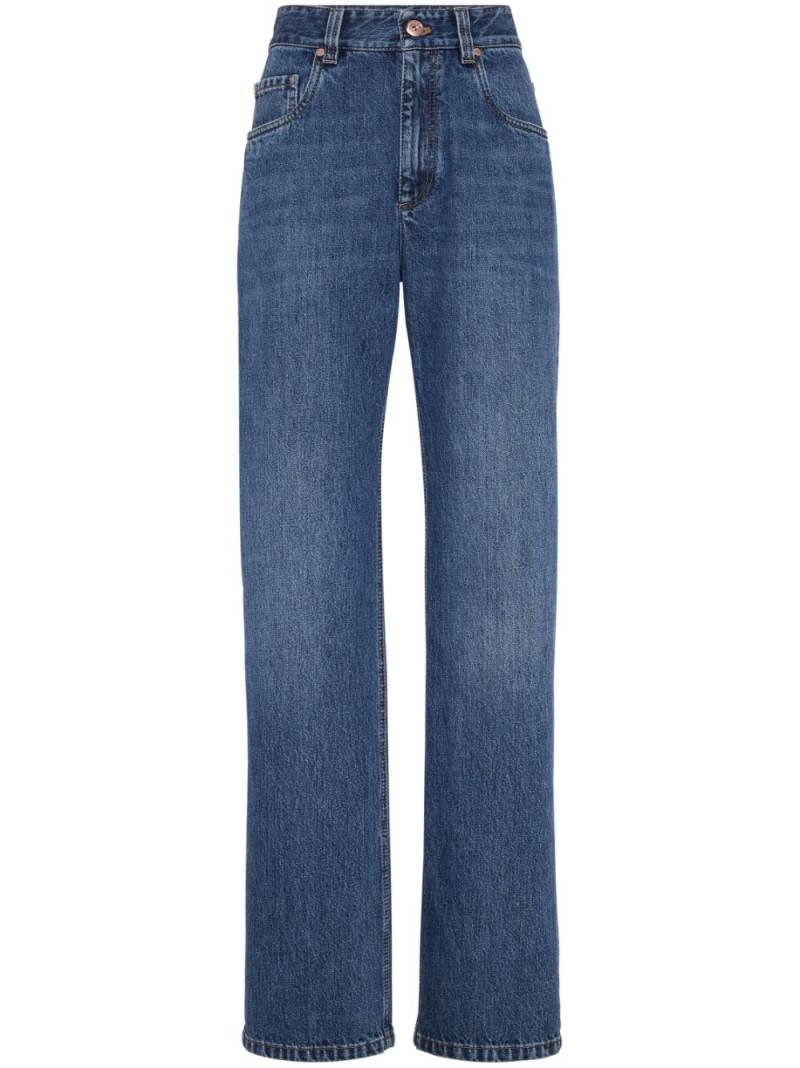 Brunello Cucinelli logo-patch high-rise straight-leg jeans - Blue von Brunello Cucinelli