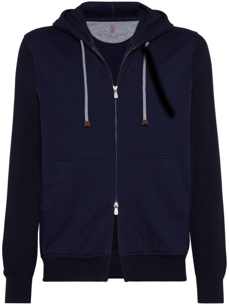 Brunello Cucinelli ribbed-sleeve cotton zip-up hoodie - Blue von Brunello Cucinelli