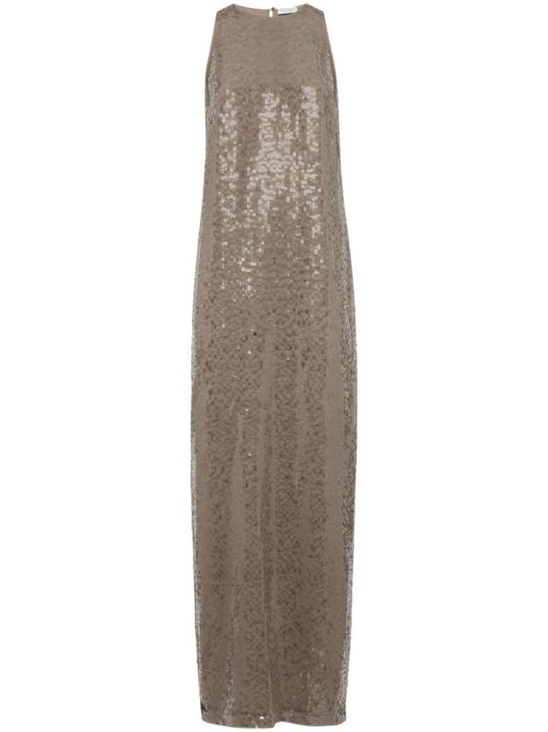 Brunello Cucinelli sequinned silk column maxi dress - Brown von Brunello Cucinelli