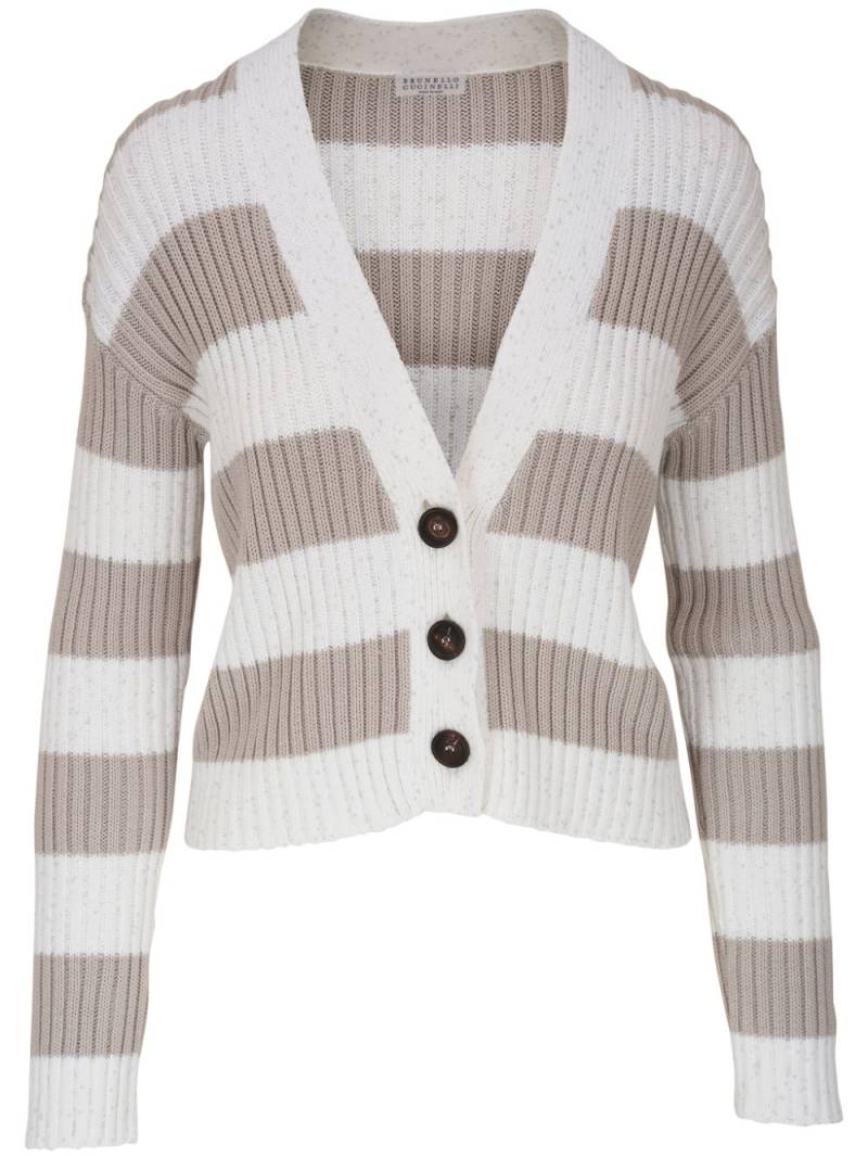 Brunello Cucinelli striped ribbed-knit cardigan - White von Brunello Cucinelli