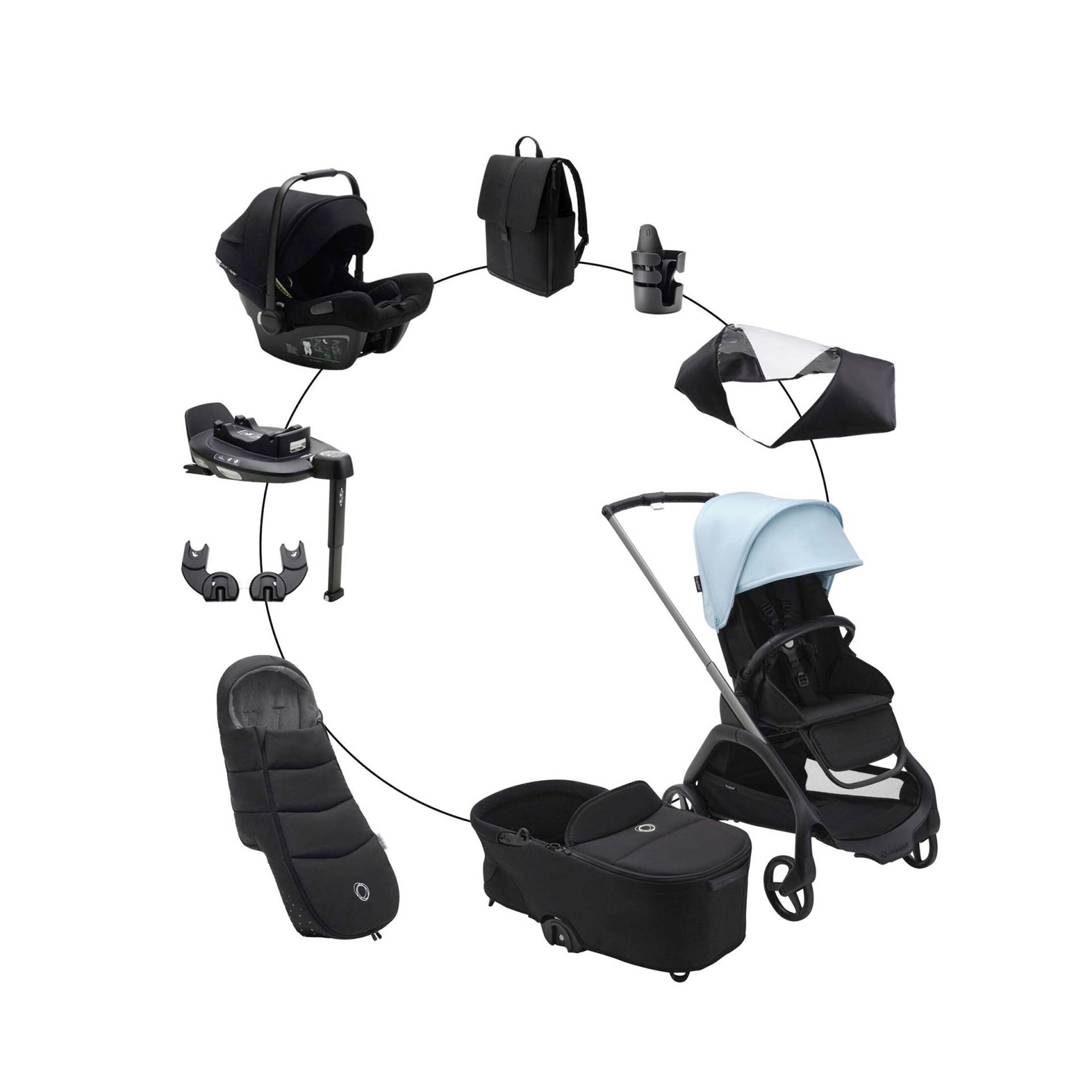 Kombikinderwagen Komplett-Set inkl. Babyschale Turtle Air i-Size, Isofix-Basis 360, Fußsack und Wickeltasche von Bugaboo