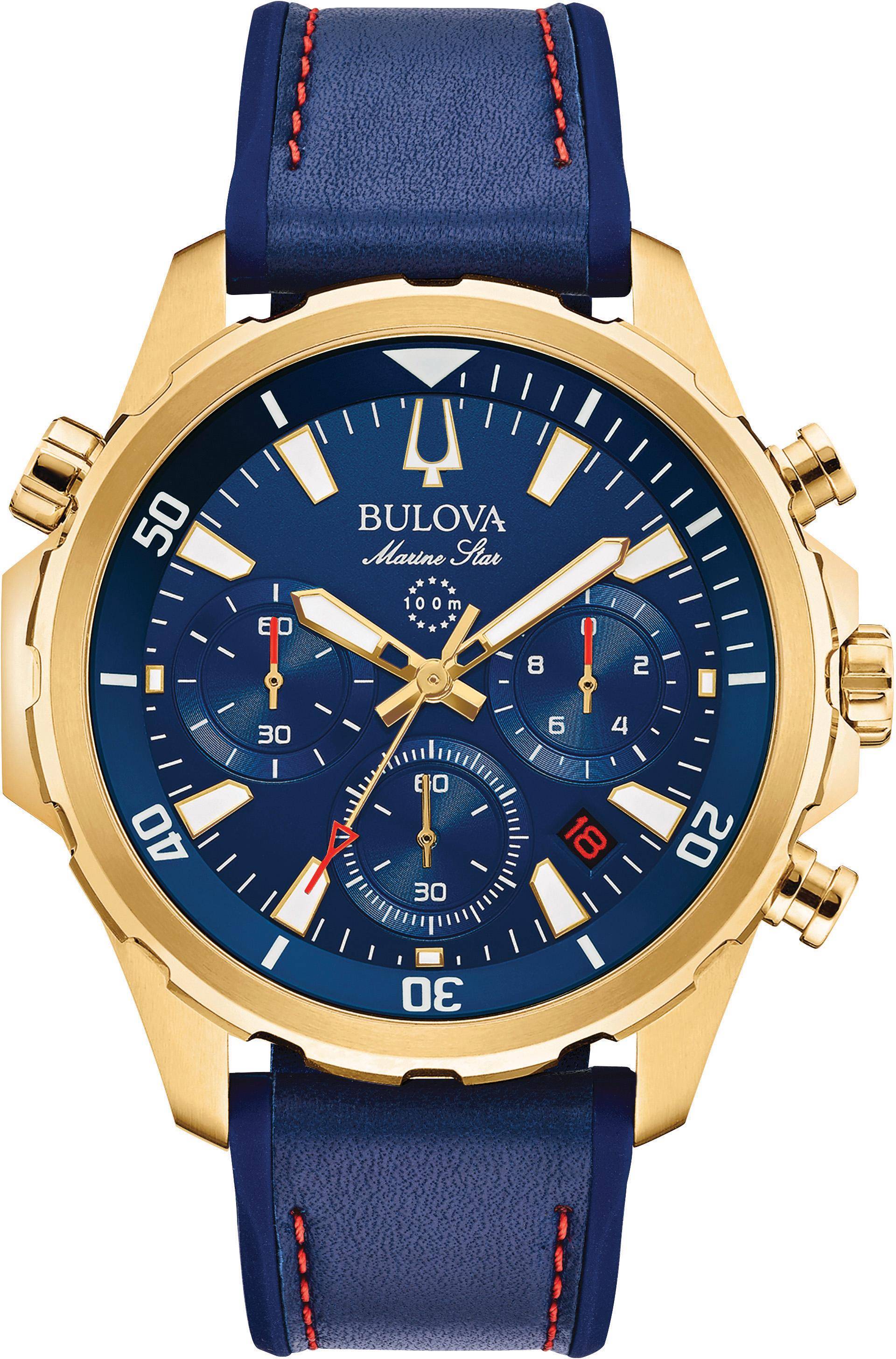 Bulova Chronograph »Marine Star, 97B168«, Armbanduhr, Quarzuhr, Herrenuhr, Lederarmband, Datum von Bulova