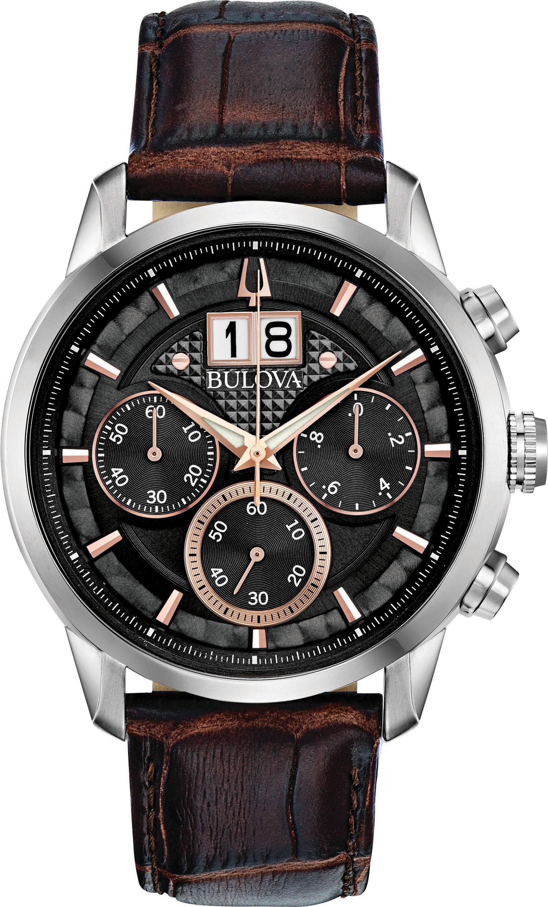 Bulova Chronograph »Sutton, 96B311«, Armbanduhr, Quarzuhr, Herrenuhr, Lederarmband, Tag von Bulova