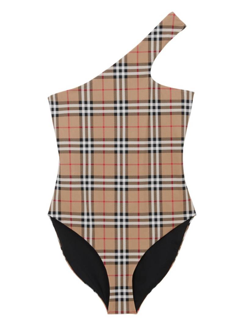 Burberry check-print asymmetric one-piece - Neutrals von Burberry