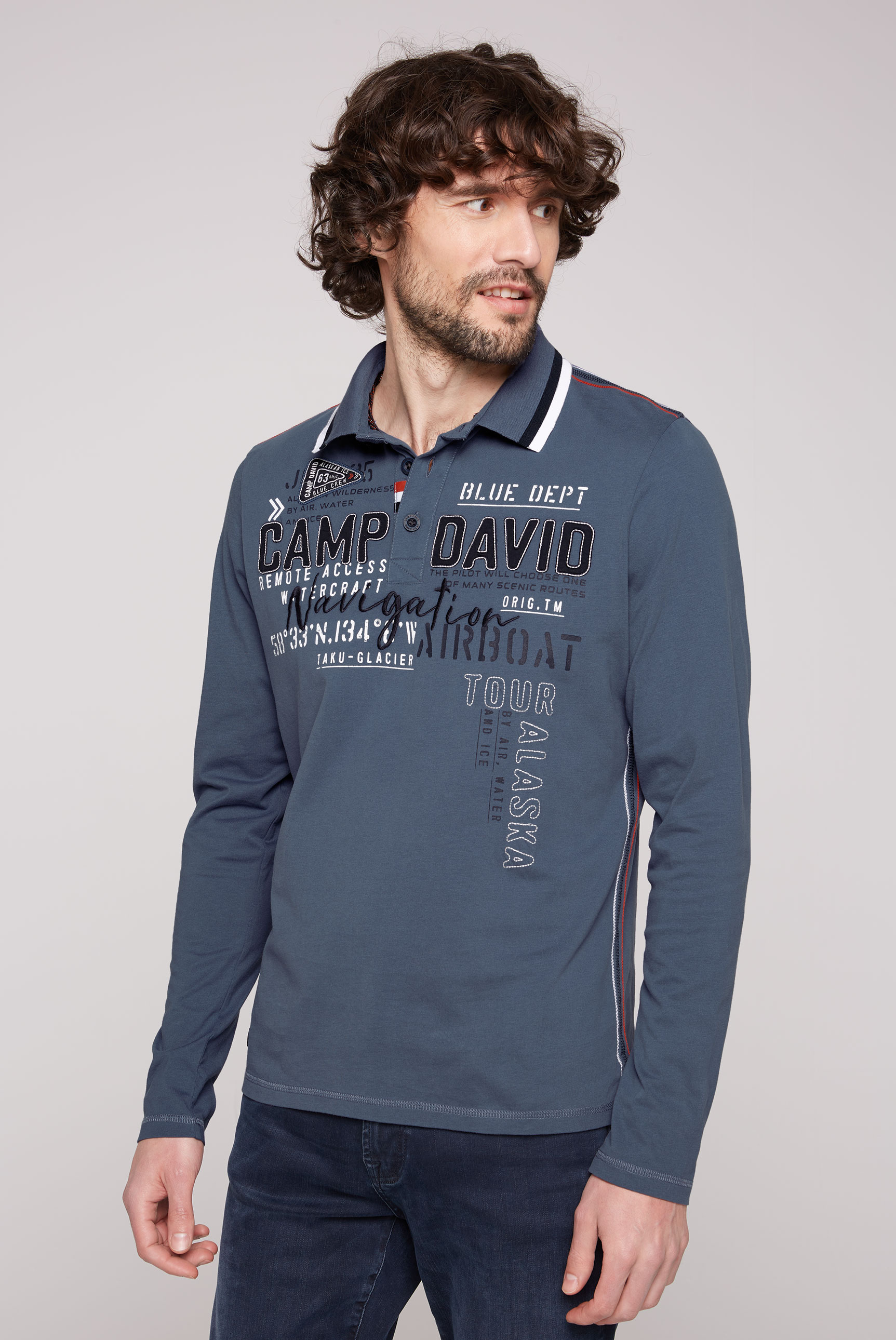 CAMP DAVID Langarm-Poloshirt, mit Logo-Applikationen von CAMP DAVID