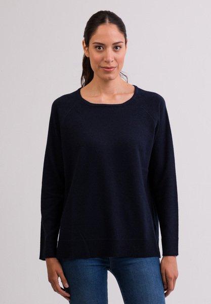 Kaschmir Rundhals Pullover Mit Seitenschlitzen Damen Marine L von CASH-MERE.CH