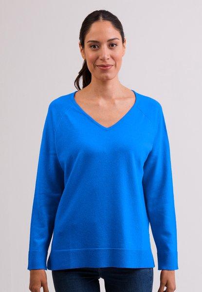 Kaschmir V-ausschnitt Pullover Mit Seitenschlitzen Damen Dazzling Blue S von CASH-MERE.CH