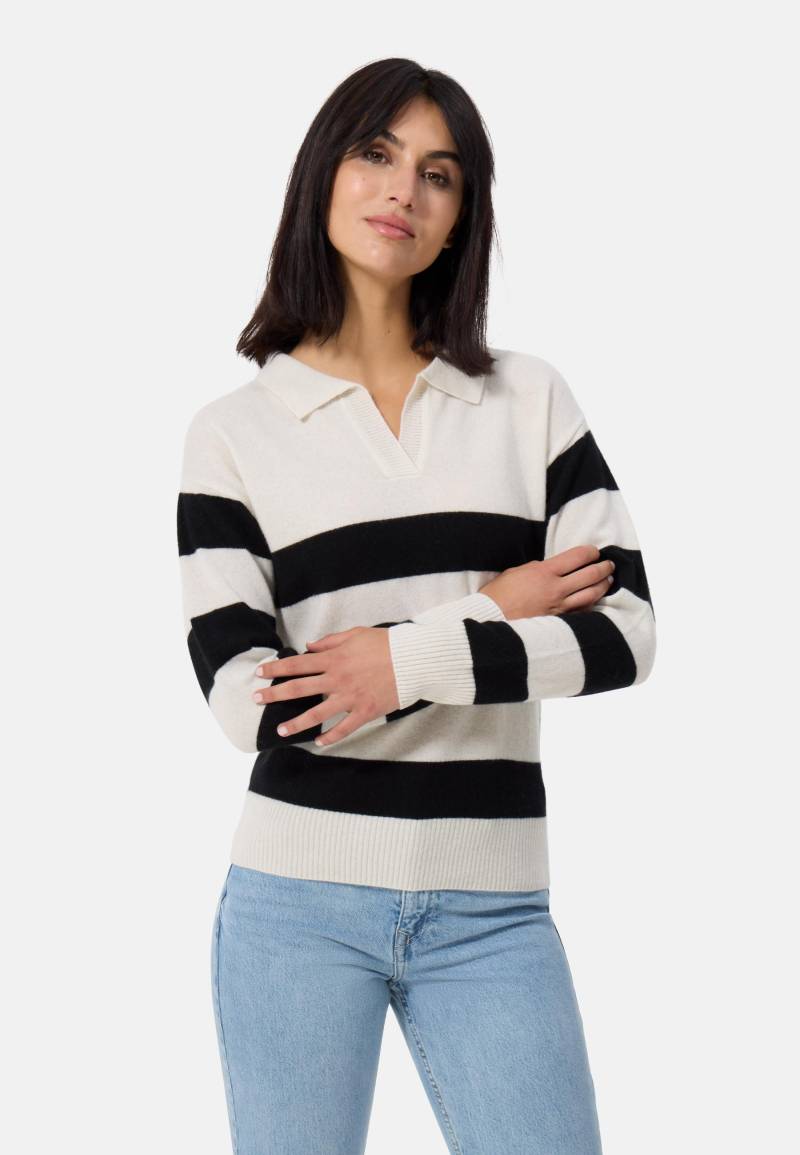 Kaschmir Pullover Mit Polokragen Gestreift Damen Schwarz/Weiss L von CASH-MERE.CH