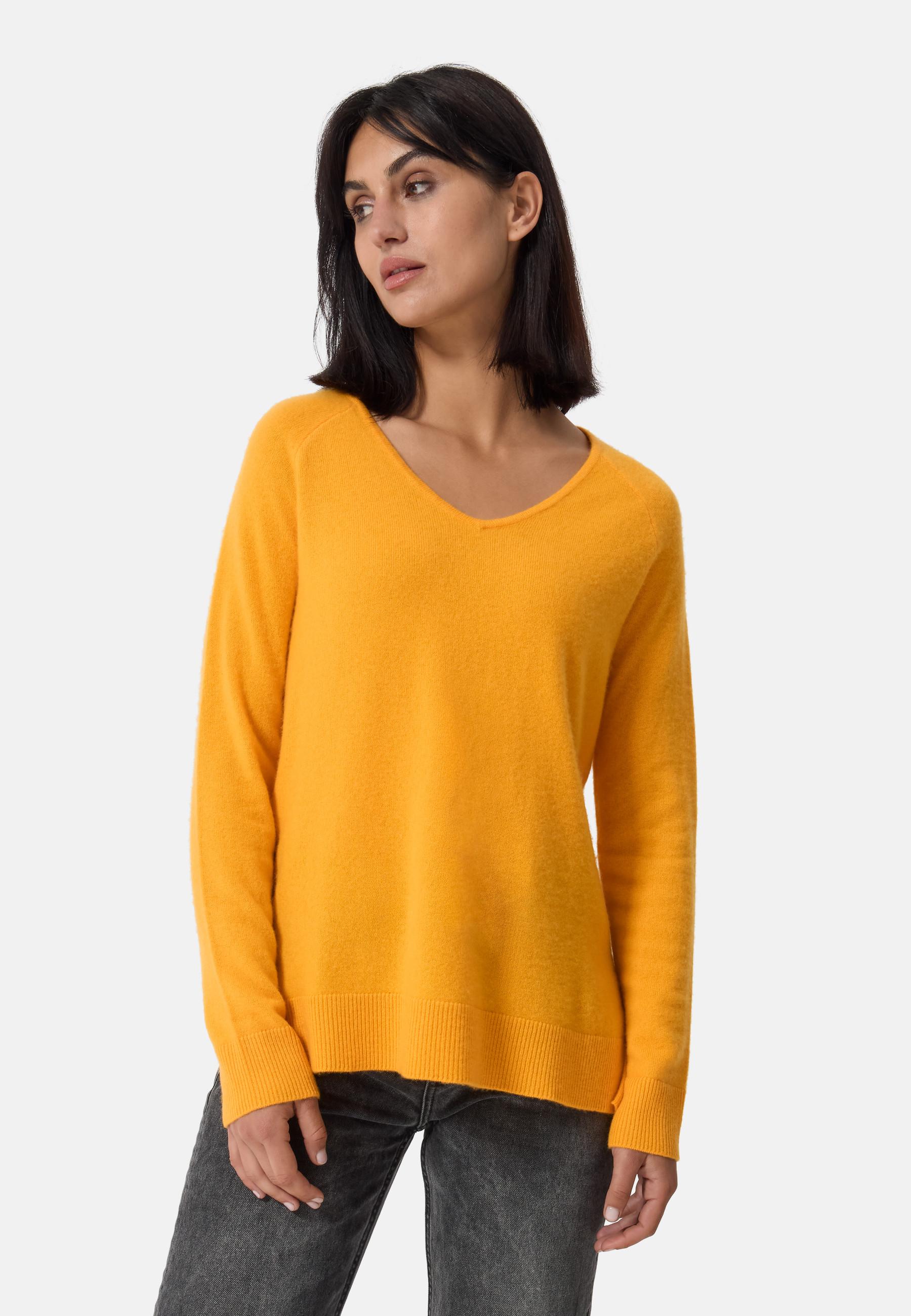 Kaschmir V-ausschnitt Pullover Mit Seitenschlitzen Damen Gelb XS von CASH-MERE.CH