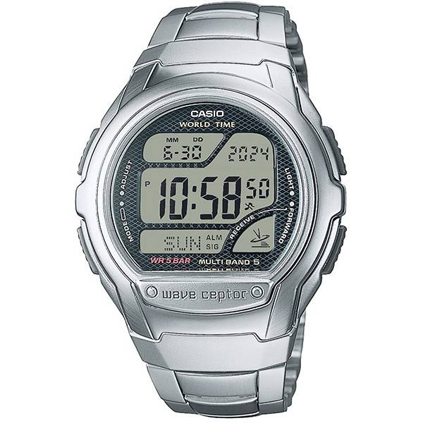 CASIO Digital Funkuhr, LCD Wave Ceptor 5, Metalllband von CASIO