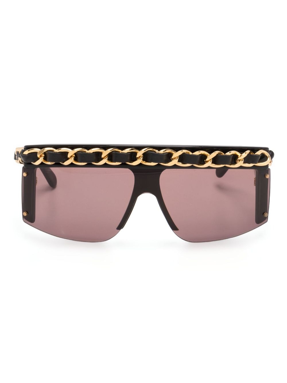 CHANEL Pre-Owned 1990-2000s leather-and-chain trimmed shield sunglasses - Black von CHANEL Pre-Owned