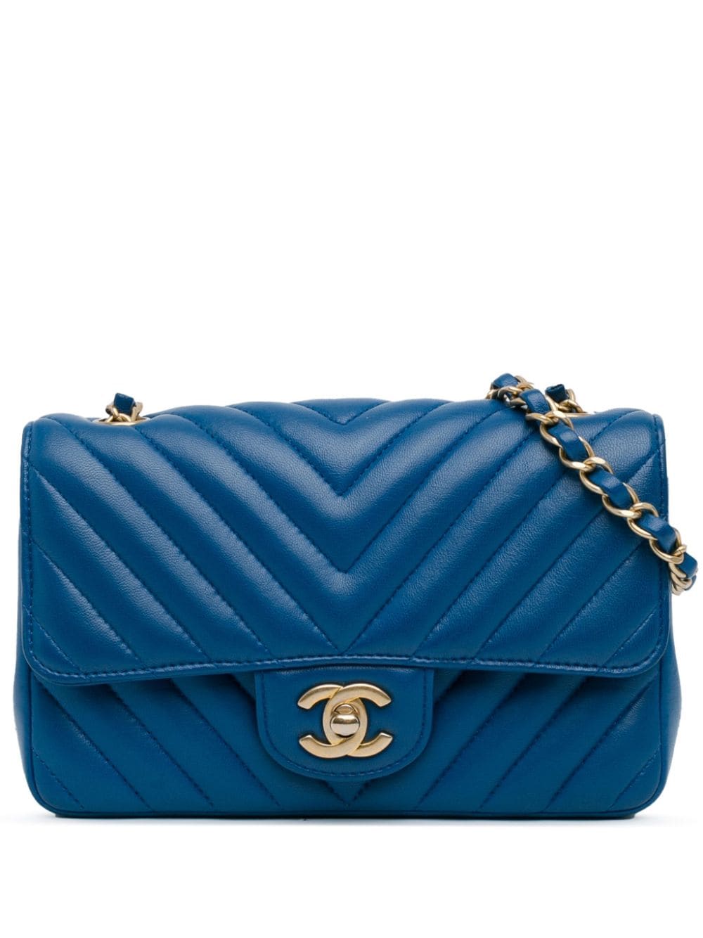 CHANEL Pre-Owned 2019 Mini Rectangular Classic Chevron Lambskin Single Flap crossbody bag - Blue von CHANEL Pre-Owned