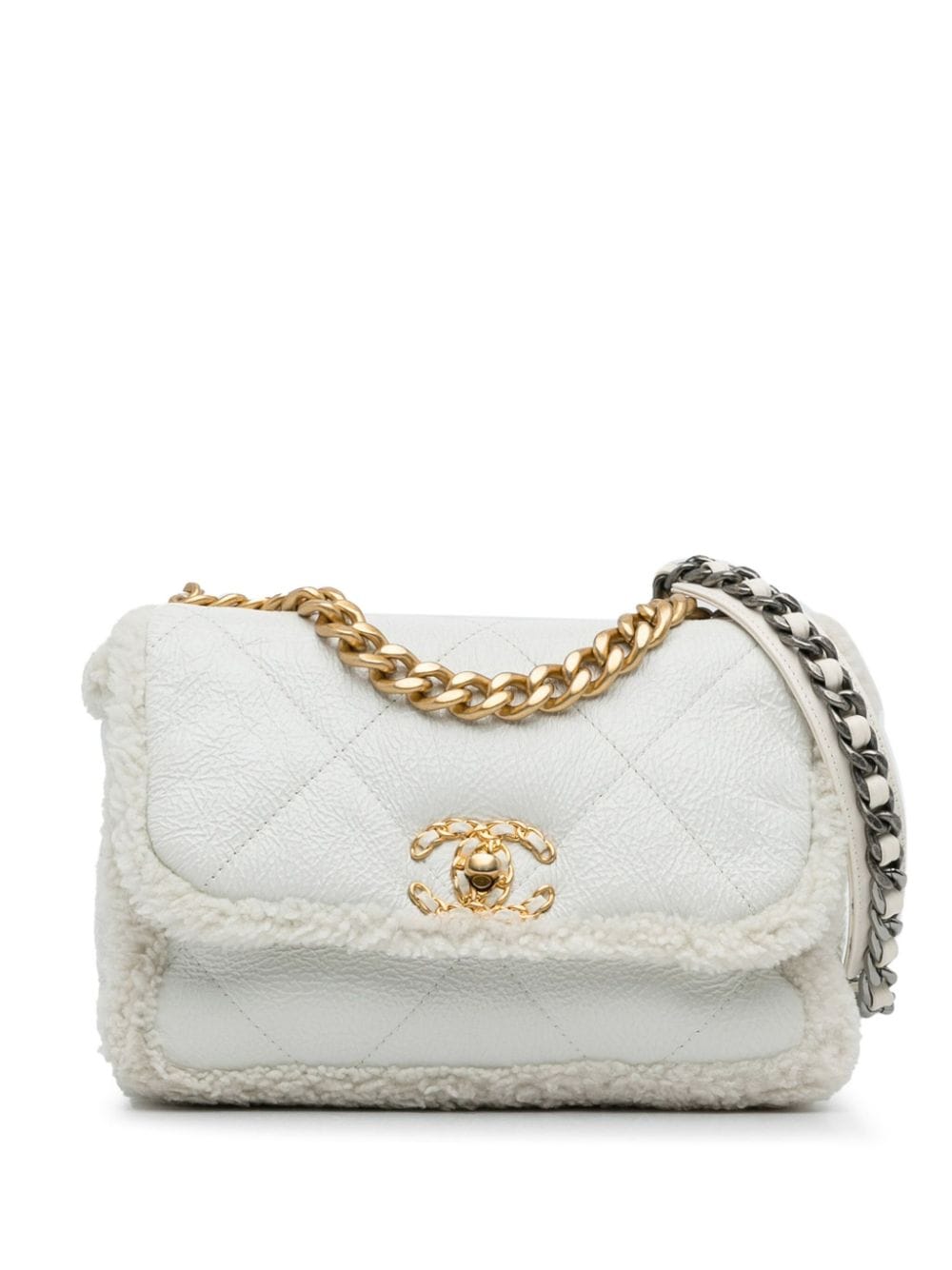 CHANEL Pre-Owned 2021-2024 Medium Patent Shearling 19 Flap satchel - White von CHANEL Pre-Owned