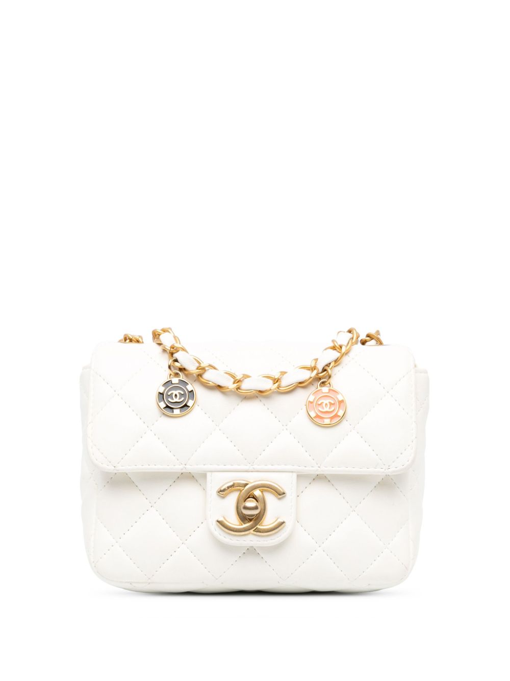 CHANEL Pre-Owned 2021-2024 Mini Square Classic Lambskin Casino Royale Charms Single Flap crossbody bag - White von CHANEL Pre-Owned