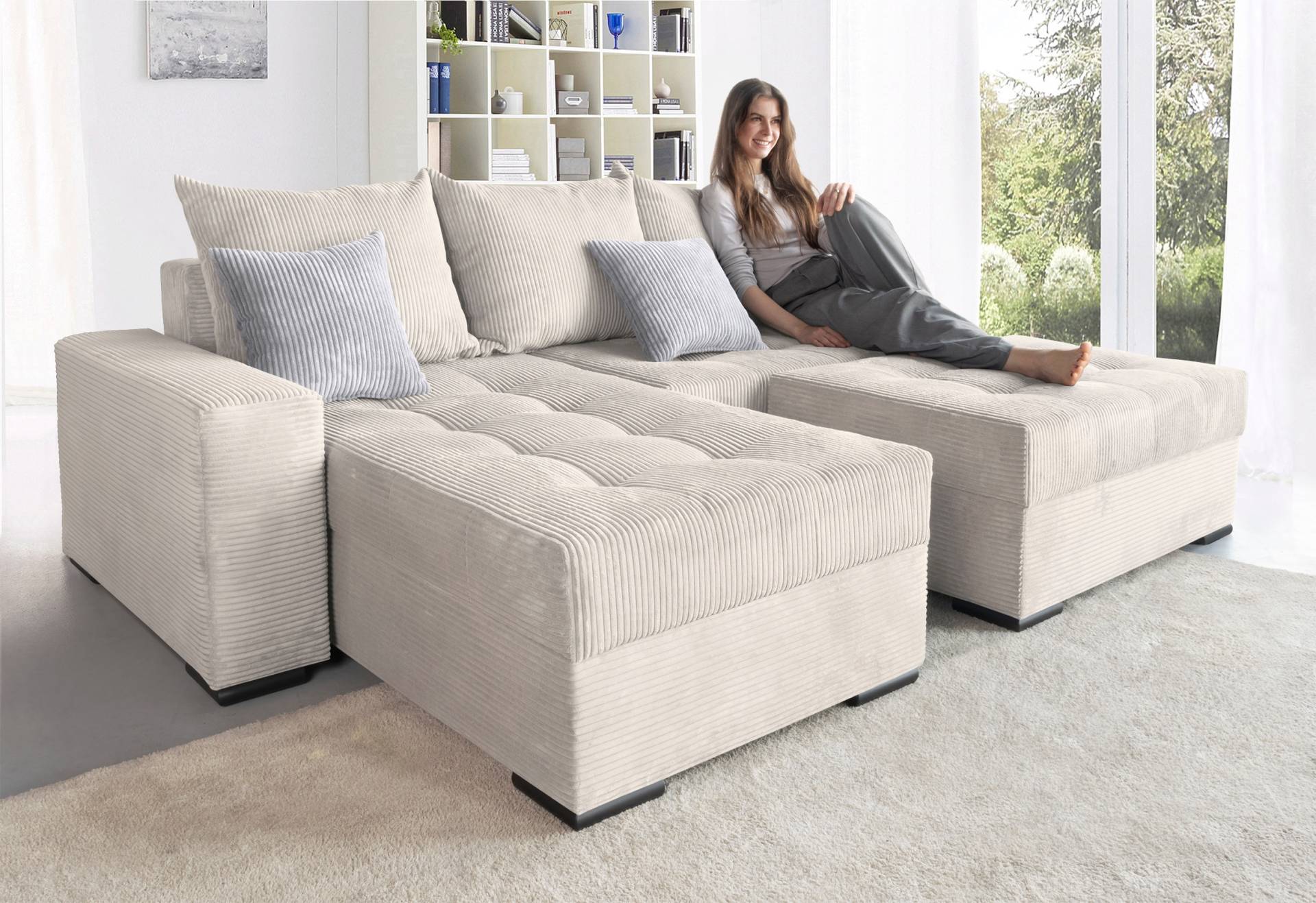 COLLECTION AB Ecksofa »Josy L-Form, Breite 214 cm, mit 3 grossen Rückenkissen«, (Cord-/Mix), mit Bettfunktion und Bettkasten, Federkern von COLLECTION AB