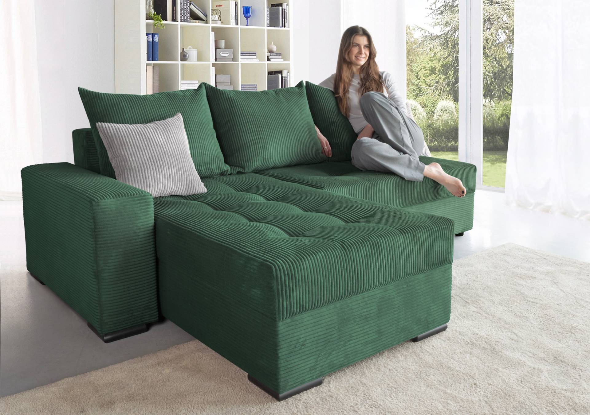 COLLECTION AB Ecksofa »Josy L-Form, Breite 214 cm, mit 3 grossen Rückenkissen«, (Cord-/Mix), mit Bettfunktion und Bettkasten, Federkern von COLLECTION AB