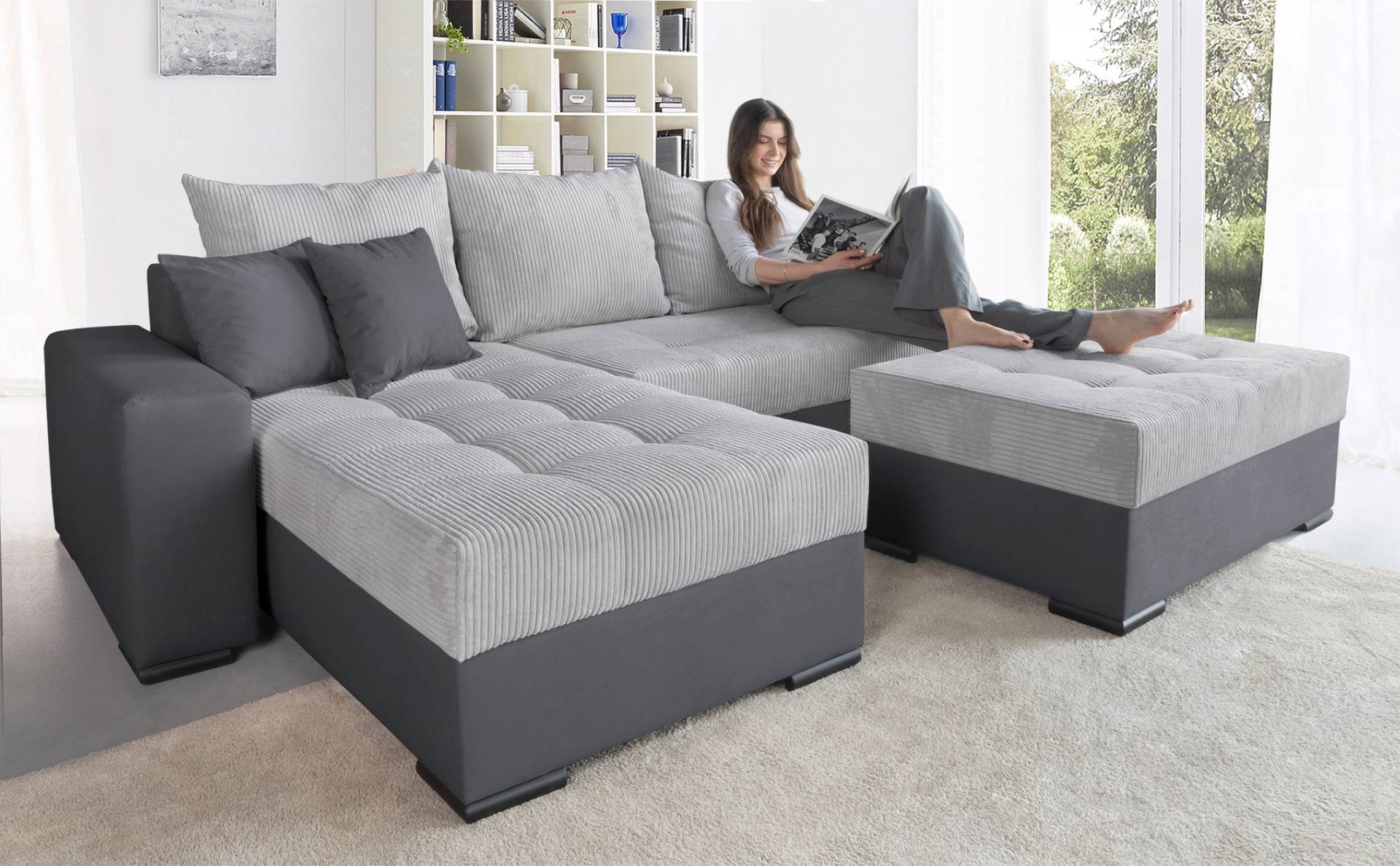 COLLECTION AB Ecksofa »Josy L-Form, Breite 214 cm, mit 3 grossen Rückenkissen«, (Cord-/Mix), mit Bettfunktion und Bettkasten, Federkern von COLLECTION AB