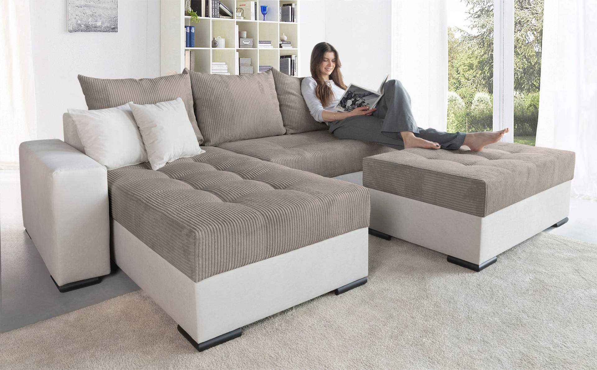 COLLECTION AB Ecksofa »Josy L-Form, Breite 214 cm, mit 3 grossen Rückenkissen«, (Cord-/Mix), mit Bettfunktion und Bettkasten, Federkern von COLLECTION AB