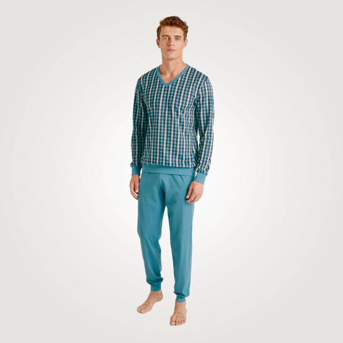 Calida Herren Langarm-Pyjama mit V-Ausschnitt blau von Calida