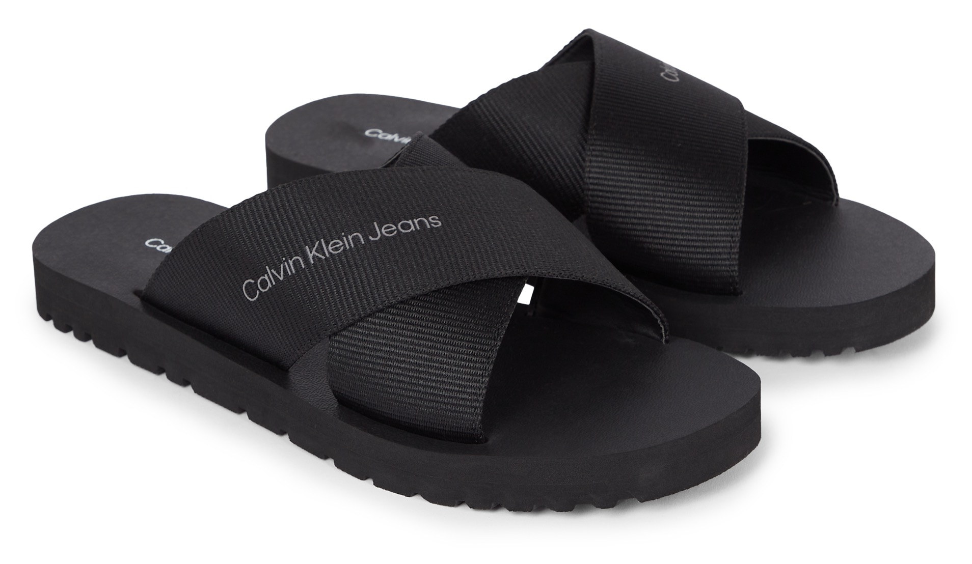 Calvin Klein Jeans Pantolette »CROSS SANDAL SLIPON RP IN BTW«, Sommerschuh, Schlappen, Poolslides, mit Kreuzbandage von Calvin Klein Jeans