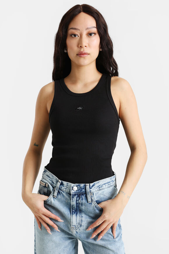 Calvin Klein Jeans Woven Label Geripptes Tanktop | Black | Damen  | M von Calvin Klein Jeans