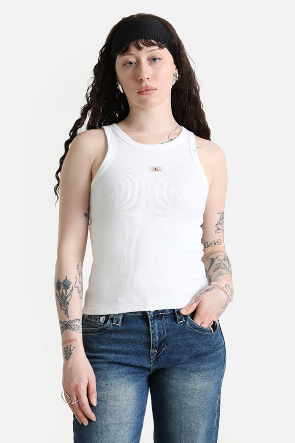 Calvin Klein Jeans Woven Label Geripptes Tanktop | Bright White | Damen  | M von Calvin Klein Jeans