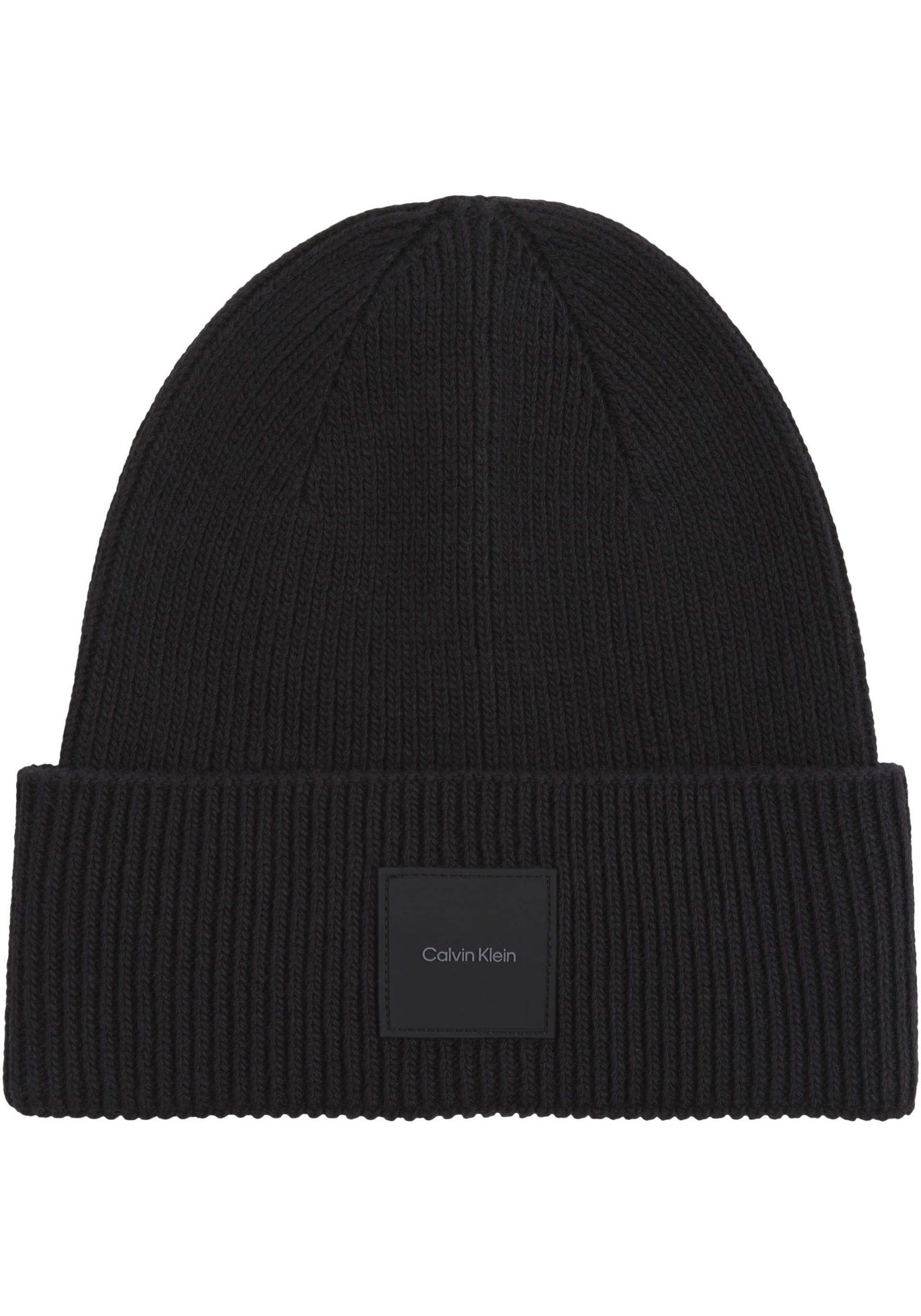 Calvin Klein Beanie »COTTON/WOOL FINE RIB BEANIE«, mit Ledermarkenlabel von Calvin Klein